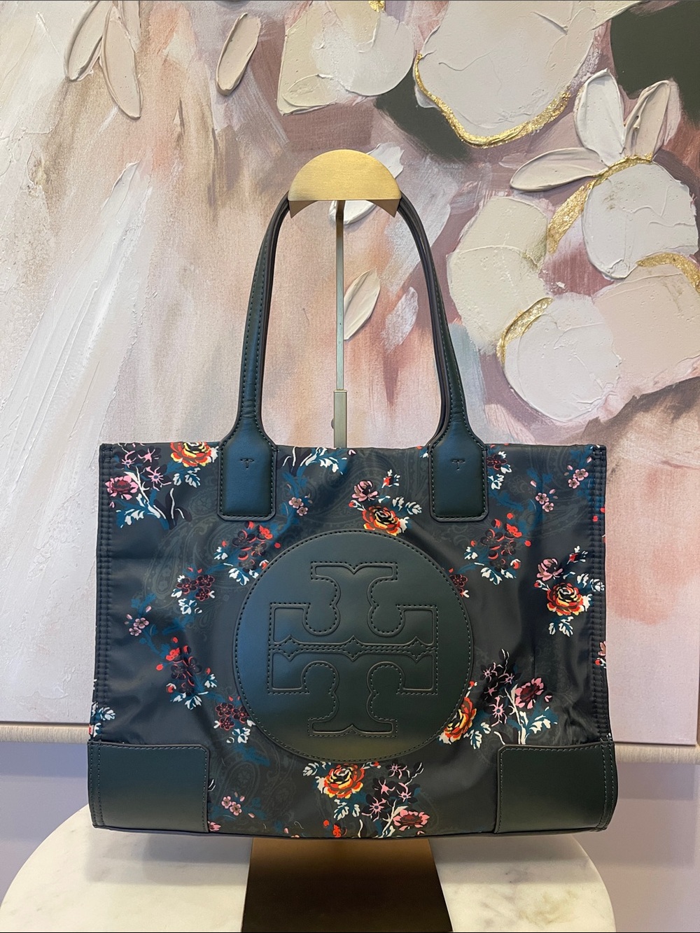 Tory Burch Dark Green Floral Tote